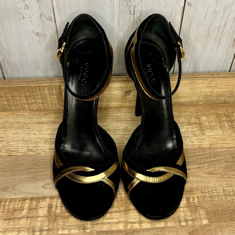 Gucci Black and Gold Ankle Strap High Heel Sandals
